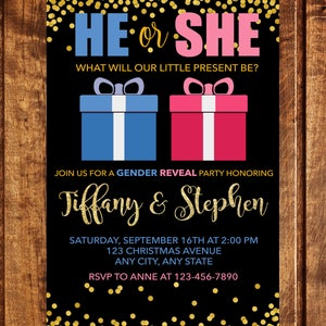 Christmas Gender Reveal Invitation, Christmas Baby Shower Invitations, Holiday Gender Reveal Invitation, He or she Gender Reveal