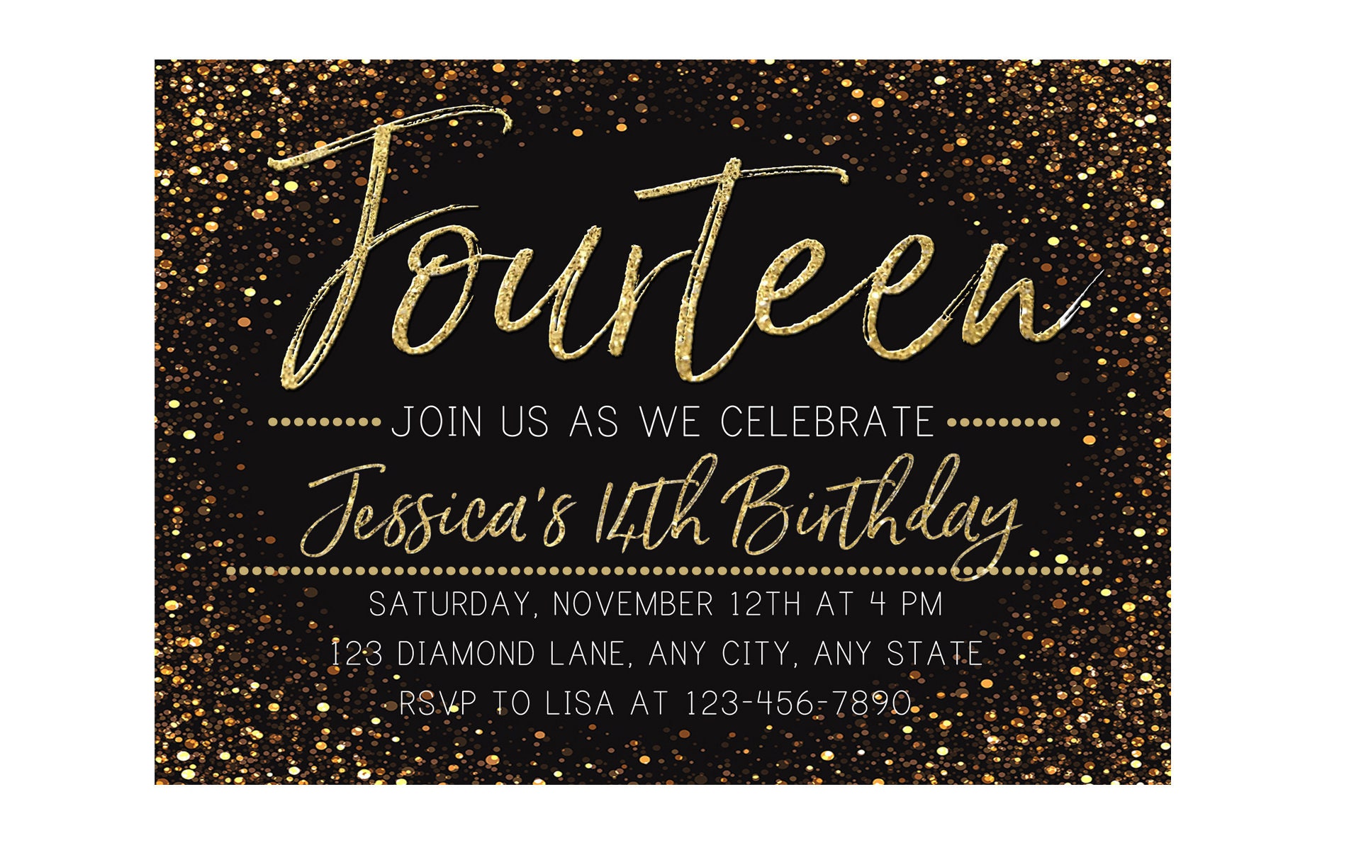 14th Birthday Invitation Gold Sparkle Invitation Girl 14th Etsy