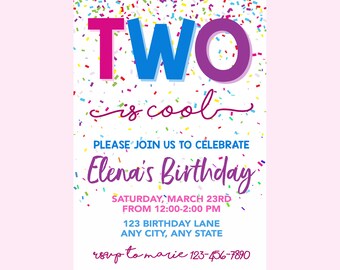 Second Birthday Invitation, Confetti Invitation, 2nd Birthday Invitation, Confetti Birthday, Girl Birthday, Printable, Two is cool Invite