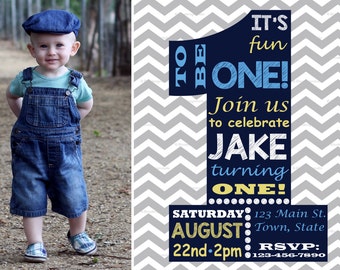 First Birthday Invitation, Chevron Birthday Invitation, Boy First Birthday, 1st Birthday Printable, Boy, Blue and Grey, Chevron, Number 1