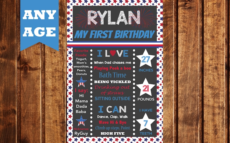 May include: A chalkboard style first birthday sign for a baby named Rylan. The sign is decorated with red, white, and blue stars and features details about the baby's first year, including their height, weight, and favorite things. The sign says "Rylan My First Birthday".