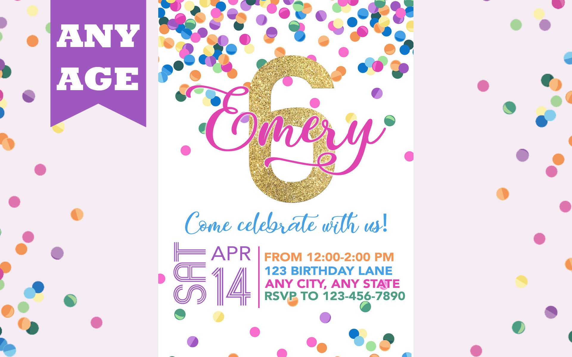 Sixth Birthday Invitation Pink Gold Confetti Girl 6th Etsy