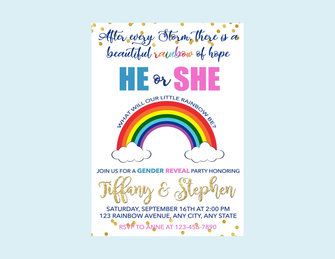 Rainbow Gender Reveal Invitation, He or She What Will Our Rainbow Be
