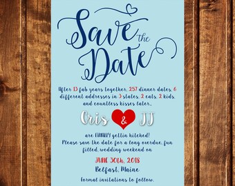 Save the Date Invitation, Save The Date Postcard, Engagement Card, Save The Date Card, Printable, Printed Cards, Heart Save the Date, blue