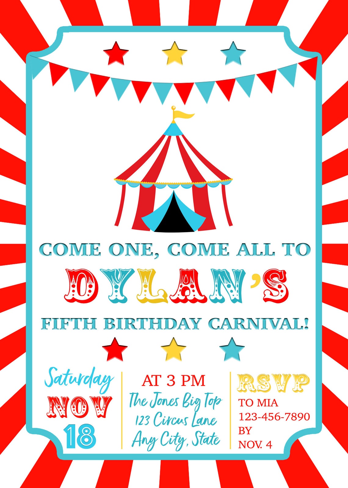 Circus Birthday Invitation Carnival Birthday Invitation Etsy