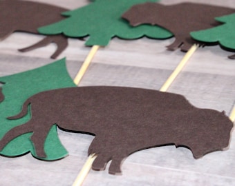 Bison and Pine Tree Cupcake Toppers; MADE TO ORDER | 12 Count
