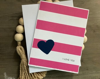 Pink Striped I Love You Greeting Card | Valentine's Day Card | Love Card |Pink and Navy