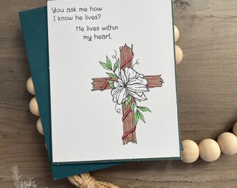 He Lives Within My Heart Easter Greeting Card | Floral Hymn Card | Friendship Card | Christian Encouragement Card