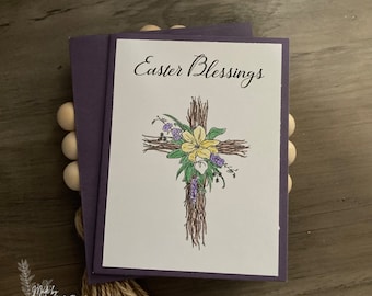 Easter Blessings Greeting Card | Christian Inspirational Card | Flower Cross Easter Card