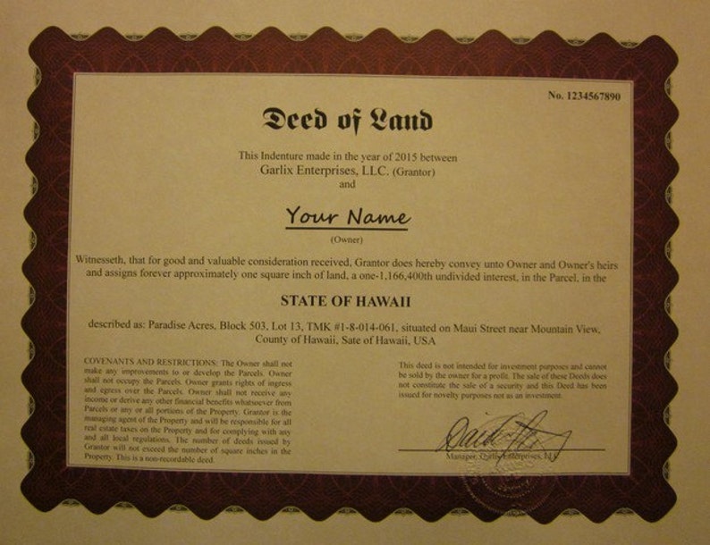 Hawaii Land Deed 1 Square Inch Novelty Gift Etsy UK
