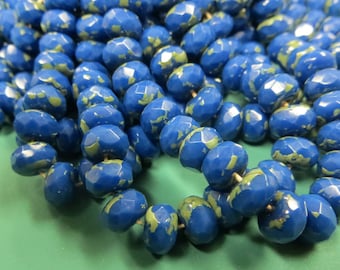 Rondelle Donut, 8mm Czech cut glass,  COBALT BLUE Green Picasso beads, 5x8mm, 25 Beads