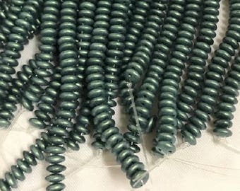 CzechMates LENTILS, Metallic Suede Green, 2 hole center drilled 6mm, 50 beads per strand