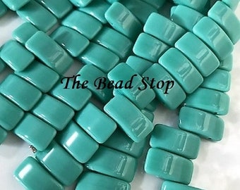CARRIER bead, TURQUOISE blue, czech glass, 9x17 mm, 2-hole side drilled, pillow beads, 15 beads per strand (1 unit)