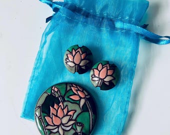 Handcrafted Ceramic Lotus Flower Cabochon and Lentils, Golem Studio