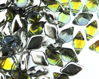 GemDuo Beads, BACKLIT URANIUM, Green, Yellow, Blue Tint, Silver backing, 8x5mm, Matubo, 10 grams (approx 70 beads), clear 2.5" tube