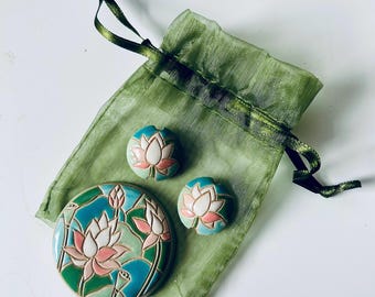 Handcrafted Ceramic Lotus Flower Cabochon, Lentil Beads, Golem Studio