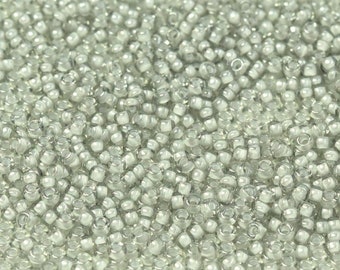 11-2268 Fancy Lined OYSTER MIYUKI Gray/Cream Lined 11/0 Seed Beads 10 grams, clear hanging 2.5 inch tube (approx 110 beads per gram)