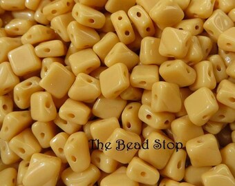 Saffron Yellow Czech Glass Silky Beads: 2-Hole Diamond Beads