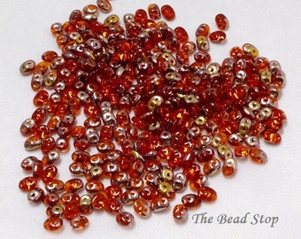 Superduos, Hyacinth Orange Capri Gold Crystal beads, 2.5 x 5mm, 10 grams (approx 110 beads), hanging 2 inch tube