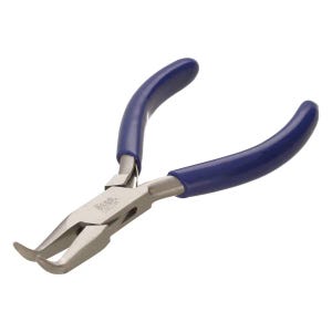 May include: Angled pliers with blue handles and silver-colored metal jaws. The tool is designed for precision work, likely for jewelry making or crafting. The pliers are set against a white background.