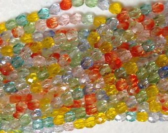 4mm SUMMER/FALL MIX - fire polish Czech beads - Yellow, Orange, Blue, Crystal and Green mix, 100 beads (2 strands of 50 beads each)