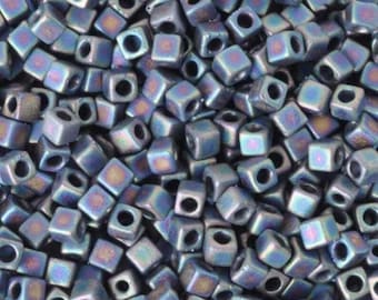 Square Beads, 3mm Miyuki Cube Spacer Bead - Matte Black AB, SB3-401FR - 8 grams