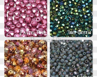 3mm Faceted Czech Glass Firepolish Beads: Blue Luster, Sunny Embers, Pastel Pink