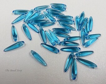 Preciosa Thorn™ Bead 5 x 16mm Aqua Thorn, Dagger, Spike one-hole, vertical top drilled beads, 25 pieces