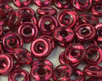 POMEGRANATE Metallic Ice, 10mm, Deep Metallic Rose Fushia coated Czech Glass Rings Donuts, clear hanging tube.
