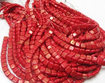 Opaque RED Oxblood CzechMates 2-hole TILE beads,marbled GOLD finish, side-drilled, 50 pcs