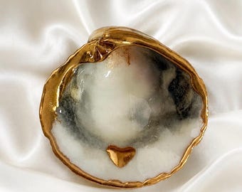 Hand Painted Shell Ring Holder | Marbled Look Trinket Dish | Gold Trim Coastal Decor Tray