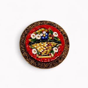 Antique Italian Framed Floral Basket Bouquet Micro Mosaic Brooch