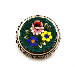 Vintage Silver Toned Green Floral Micro Mosaic Brooch