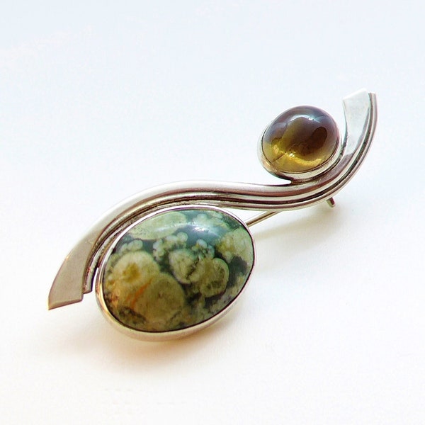 Vintage Great Falls Metalworks GFMW Artisan Sterling Silver 925 Rainforest Rhyolite Smoky Quartz Brooch