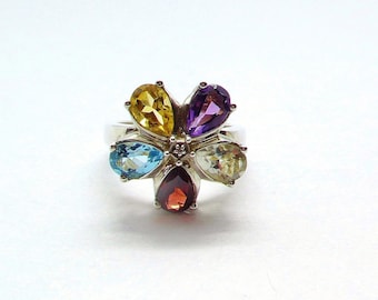 Vintage AFJC Ambras Fine Jewelry Co Sterling 925 Gemstone Diamond Flower Ring Sz 7