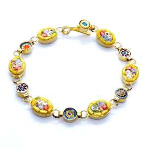 Vintage Gold Tone Multi Floral Micro Mosaic Bracelet