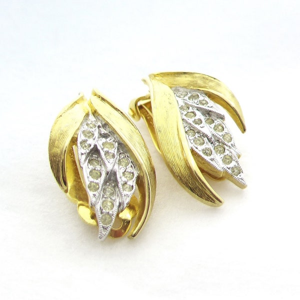 Vintage Polcini Gold Plated Prong Set Rhinestone Floral Clip Back Earrings