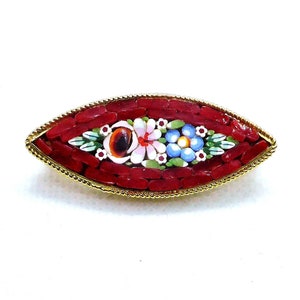 Vintage Gold Toned Micro Mosaic Floral Marquise Brooch