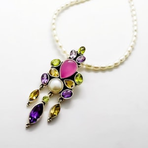 Vintage Nicky Butler Sterling Cultured Pearl Chalcedony Multi Gemstone Enhancer Pendant Necklace Like New W/Tag and Bag