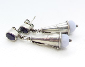 Vintage Sajen Artisan Crafted Sterling Silver Amethyst Blue Lace Agate Drop Earrings