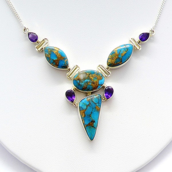 Vintage Artisan Crafted Sterling 925 Bezel Set Bisbee Turquoise Faceted Amethyst Hinged Necklace