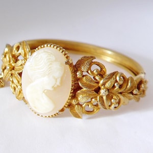 Vintage Florenza Art Nouveau Ornate 24K Gold Plated Cameo Hinged Bracelet W/ Safety Chain