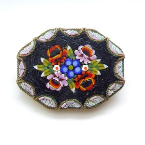 Vintage Italian Micro Mosaic Brooch with Scroll Metal Work Border