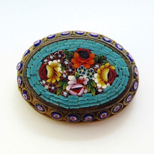 Antique Italian Framed Floral Rose Bouquet Micro Mosaic Brooch