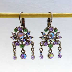 Vintage Kirks Folly Antiqued Silver Plated Swarovski AB Crystal Lever Back Dangle Earrings