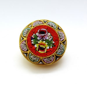 Vintage Italian Gold Toned Double Rose Micro Mosaic Brooch