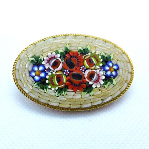 Vintage Gold Toned Detailed Floral Bouquet Micro Mosaic Brooch