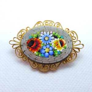 Vintage Italian Micro Mosaic Brooch with Scroll Metal Work Border