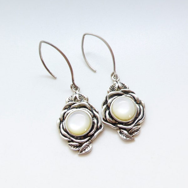 Vintage Collins Fine Jewelry CFJ Sterling Silver 925 Mother of Pearl Botanical Hook Earrings