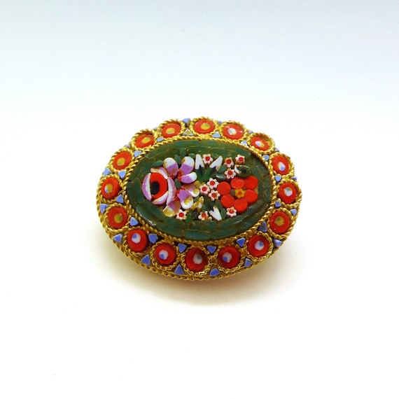 Vintage Colorful Roses on Blue with Millefiori Bo… - image 1